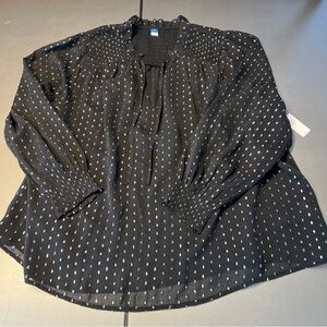 Old Navy Smocked Blouse/Top Black & Metallic Silver Sheer Sparkly 2X Plus New